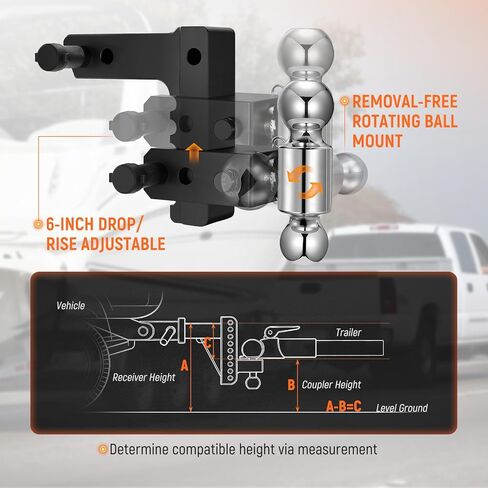 Adjustable Trailer Hitch Fits 2" Receiver, 2" & 2-5/16"(12,500 LBS GTW) Rotatable Dual Solid Ball, 6" Drop/Rise Heavy Duty Aluminum Tow Hitch, Trailer Hitches with Anti-Theft Pin, Black in Saudi Arabia