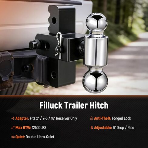 Adjustable Trailer Hitch Fits 2" Receiver, 2" & 2-5/16"(12,500 LBS GTW) Rotatable Dual Solid Ball, 6" Drop/Rise Heavy Duty Aluminum Tow Hitch, Trailer Hitches with Anti-Theft Pin, Black in Saudi Arabia