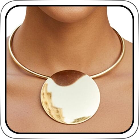 Statement Necklace Set with Large Gold Disc Pendant and Stud Earrings, Choker Style,Metallic Finish in Saudi Arabia