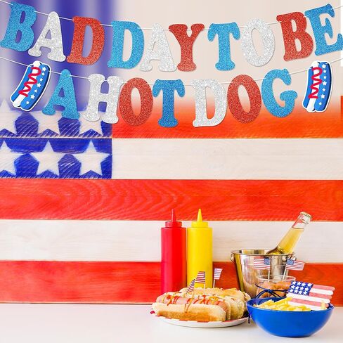 Bad Day to Be a Hot Dog Banner - NO DIY 4th of July Decorations For Patriotic Independence Day Décor Red White Blue Glitter in Saudi Arabia