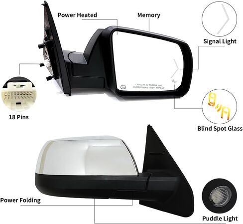 Fit for Toyota Tundra 2014-2019 Chrome Door Mirror Assembly Power Heated Glass with Signal Light and Blind Spot with Memory and Power Folding 18 Pins Right Passenger Side RH in Kuwait