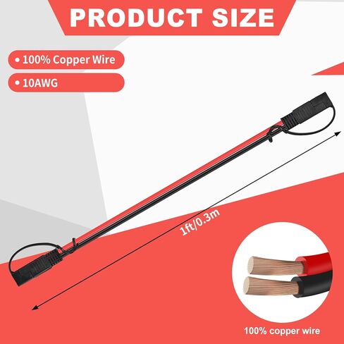 2 حزمة من 2 دبوس سلك مستقطب للفصل السريع، كابل رصاصة موصل 1FT 10AWG SAE، لشواحن البطاريات/ملحقات الدراجات النارية/وصلات الطاقة RV (مع غطاء غبار) in Kuwait
