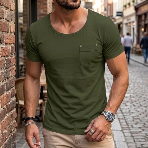 Mens Short Sleeve T-Shirts Crew Neck Summer Solid Color Shirt Casual Basic Gym Workout Tops with Pocket in Saudi Arabia