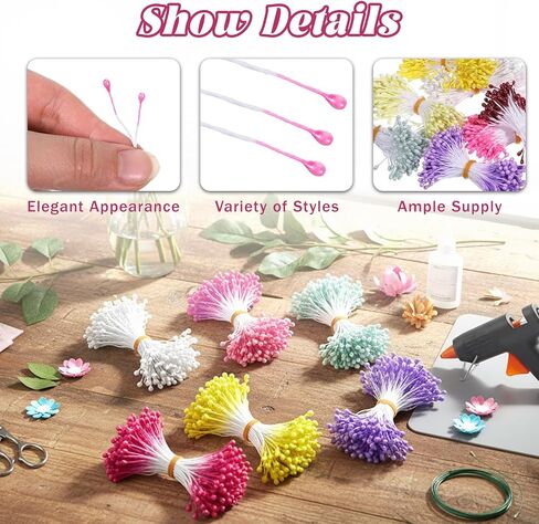 1200Pcs Artificial Stamens for Flower Making Flower Stamens for Crafts Floral Stamen for Flowers Assorted 8 Color Double Heads Floral Design Stamen Supplies DIY Wedding Home Decoration in Kuwait