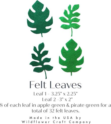 32 Precut Felt Monstera Palm Leaf Embellishments – Tropical Green Felt Leaves in Apple Green & Pirate Green, 2 Leaf Designs for DIY Crafts, Scrapbooking, Card Making & Party Decorations – Made in USA in Saudi Arabia