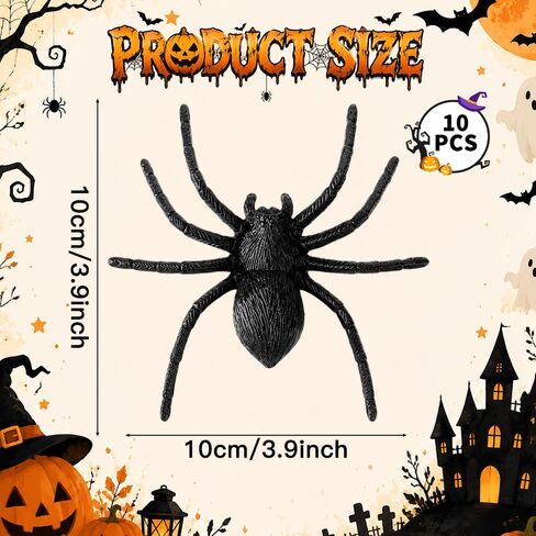 10 Pack Plastic Spiders(3.9x3.9 Inch) Large Black Fake Spiders for Halloween Indoor Outdoor Decorations Fun Cute Realistic Spider Toys Props Webs Table Decor Funny Joke Games Party Favors Supplies in Saudi Arabia