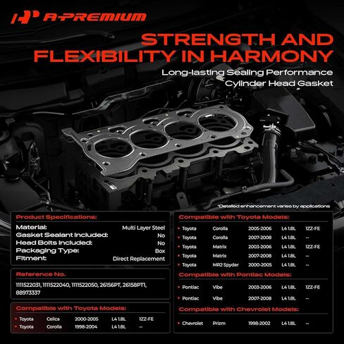 حشية رأس أسطوانة المحرك A-Premium L4 1.8L متوافقة مع Toyota Corolla 1998-2008، Matrix 2003-2008، Celica 2000-2005، MR2 Spyder 2000-2005 وChevrolet Prizm 1998-2002 وPontiac Vibe 2003-2008 in Kuwait
