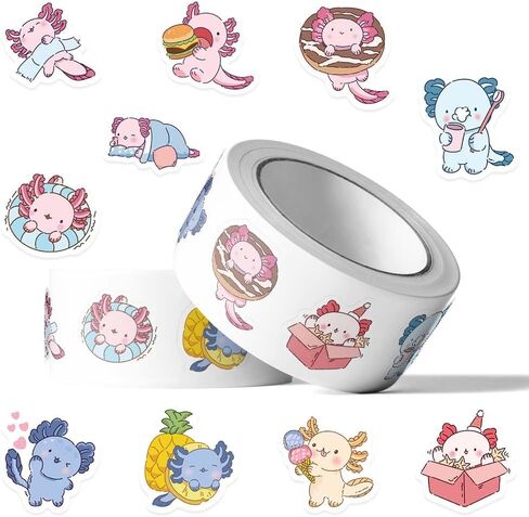 500Pcs Cute Axolotl Stickers Roll, Kawaii Cartoon Axolotl Waterproof Stickers for Water Bottle Laptop Scrapbook Journal, Vinyl Aesthetic Stickers for Adults Gift in Saudi Arabia