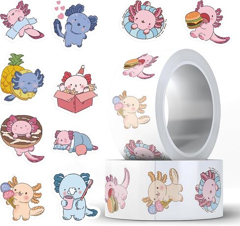 500Pcs Cute Axolotl Stickers Roll, Kawaii Cartoon Axolotl Waterproof Stickers for Water Bottle Laptop Scrapbook Journal, Vinyl Aesthetic Stickers for Adults Gift in Saudi Arabia