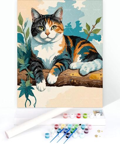 Cat Paint By Numbers Kit For Adults - Diy Calico Cat On Wood Log Painting On Canvas 16X20 In, Acrylic Paint Set, Suitable For Beginners, Bedroom Wall Decor Art For Home Decoration Or Gifts, Unframed in Saudi Arabia