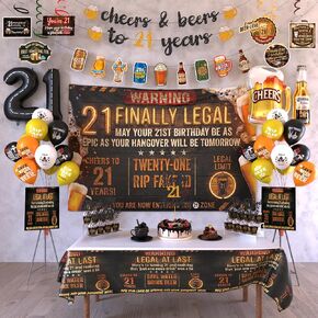 21st Birthday Decorations For Him Includes Banner, Backdrop, Tablecloth, Latex Balloons, Foil Balloons, Cake Topper, Cupcake Toppers & Hanging Swirls in Saudi Arabia