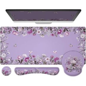Ovenbird Mouse Pad Set 4-in-1 | Large Gaming Mousepad, Keyboard Wrist Rest, Mouse Wrist Support, Coaster | Ergonomic Office Desk Mat Accessories for Women Men | 4PCS, 35.4 x 15.7in, Purple Floral in Kuwait