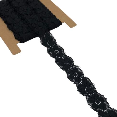Black Stretch Lace Trim Ribbon with Floral Pattern 1 Inch Wide Elastic Lace 10 Yards for Sewing, Gift Package Wrapping, Floral Designing & Crafts - 8712 (Black) in Kuwait