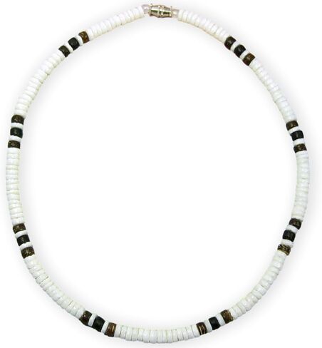 Men’s & Women’s Heishi Shell Necklace – Handmade in the Philippines with White Clam Heishi Shells with Brown & Black Coconut Beads, Tropical Beach Surfer Jewelry, Strung on Stainless Steel Cable Wire in Saudi Arabia