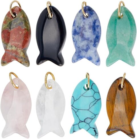 SUPERFINDINGS 8Pcs 8 Styles Natural Gemstone Beads 28mm Fish Crystal Charm with Jump Rings Tiger Eye Amethyst Charms Sea Ocean Animal Spacer Pendant for Jewellery Making in Kuwait