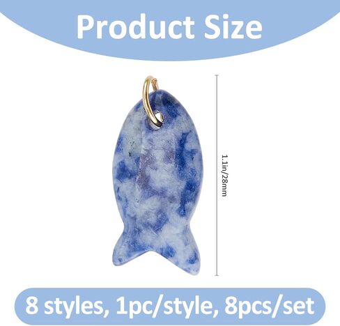 SUPERFINDINGS 8Pcs 8 Styles Natural Gemstone Beads 28mm Fish Crystal Charm with Jump Rings Tiger Eye Amethyst Charms Sea Ocean Animal Spacer Pendant for Jewellery Making in Kuwait