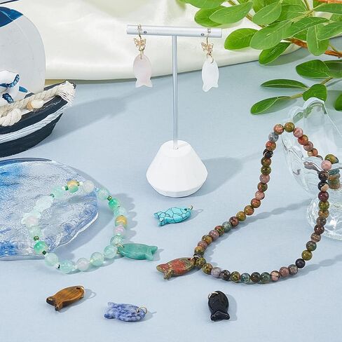 SUPERFINDINGS 8Pcs 8 Styles Natural Gemstone Beads 28mm Fish Crystal Charm with Jump Rings Tiger Eye Amethyst Charms Sea Ocean Animal Spacer Pendant for Jewellery Making in Kuwait