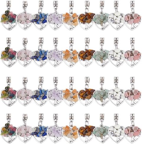 SUPERFINDINGS 36Pcs Tree of Life Charms Colorful Heart Stone Chips Charms Antique Silver Wire Wrapped Crystal Pendants for Jewelry Making Necklace Earrings Bracelet DIY, Hole: 2mm in Saudi Arabia
