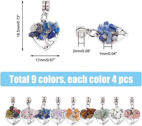 SUPERFINDINGS 36Pcs Tree of Life Charms Colorful Heart Stone Chips Charms Antique Silver Wire Wrapped Crystal Pendants for Jewelry Making Necklace Earrings Bracelet DIY, Hole: 2mm in Saudi Arabia