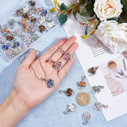 SUPERFINDINGS 36Pcs Tree of Life Charms Colorful Heart Stone Chips Charms Antique Silver Wire Wrapped Crystal Pendants for Jewelry Making Necklace Earrings Bracelet DIY, Hole: 2mm in Saudi Arabia