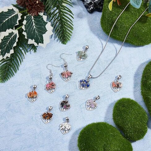 SUPERFINDINGS 36Pcs Tree of Life Charms Colorful Heart Stone Chips Charms Antique Silver Wire Wrapped Crystal Pendants for Jewelry Making Necklace Earrings Bracelet DIY, Hole: 2mm in Saudi Arabia