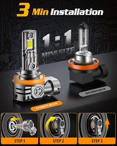 FAHREN H11/H8/H9 Fog Light Bulbs, 50,000LM Brightness, 6500K H9/H8/H16 Low Beam, 10-Year Service Life with Cooling Fan, IP68 Waterproof, Real 1:1 Halogen Mini Size Plug N Play, Pack of 2 in Saudi Arabia