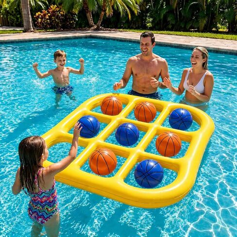 HOER 2-in-1 Inflatable Pool Tic Tac Toe Game with Basketball Toss Balls, Giant Floating Grid Water Toys with Ropes & Sandbags, Pool Toys Beach Toys, 2-10 Players Summer Pool Party Game (Yellow) in Kuwait