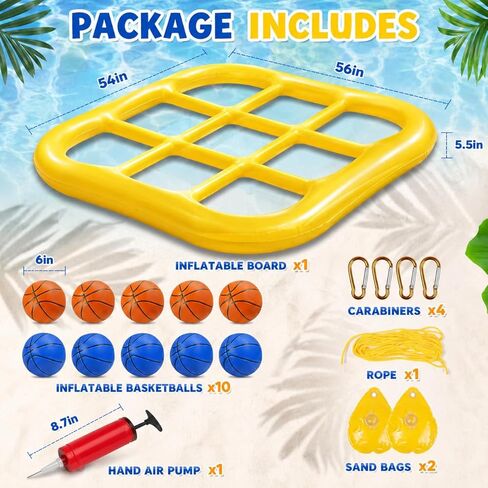 HOER 2-in-1 Inflatable Pool Tic Tac Toe Game with Basketball Toss Balls, Giant Floating Grid Water Toys with Ropes & Sandbags, Pool Toys Beach Toys, 2-10 Players Summer Pool Party Game (Yellow) in Kuwait