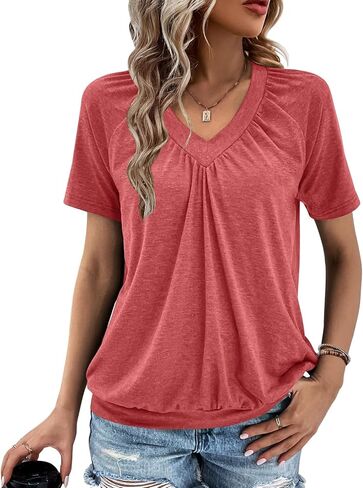 Summer Tops for Women 2025 Shorts Sleeve Womens Tops,V Neck Soft Casual Loose Fit Ruched Top T Shirts Tee Clothes in Kuwait