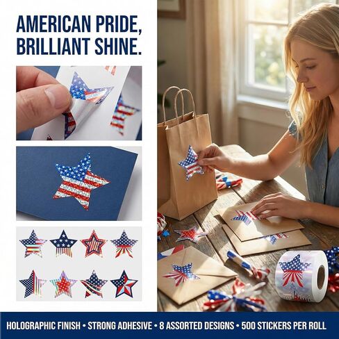500 PCS Sparkly Bling Patriotic Star Stickers, 1.5" Waterproof American Flag Decorations, Easy Peel Off Stickers for 4th of July, Independence Day, Memorial Day, Envelopes, Cards, Gifts & Party Decor in Kuwait