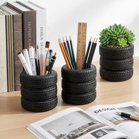 12 Pcs Tire Pen Holder Desk Decorations for Men - Funny Car Tire Stack Pencil Pot for Office Accessories, Unique Gift Idea in Kuwait