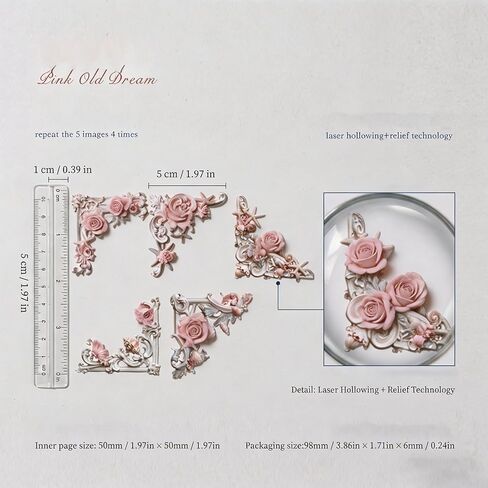 20 Sheets Pink Vintage Hollow Out Corner Stickers, Lace Embossed Ephemera, Retro Decorative Corner Decals for Junk Journal Scrapbooking Craft Embellishment in Kuwait