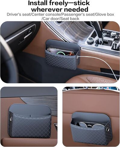 Self-Adhesive Car Seat Side Pocket Organizer with Cable Port - Black PU Leather Storage Pouch for Phone & Keys, Fits Gaps, Console & Door (2 PCS) in Saudi Arabia