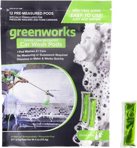 Greenworks Car Wash Pods, High-Foaming Biodegradable Car Soap, Water-Soluble Pre-Measured Pods, Streak-Free Finish, Amazing Scent, 12 Count in Kuwait