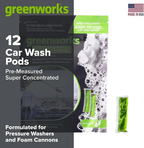 Greenworks Car Wash Pods, High-Foaming Biodegradable Car Soap, Water-Soluble Pre-Measured Pods, Streak-Free Finish, Amazing Scent, 12 Count in Kuwait