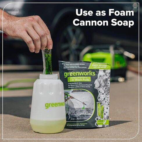 Greenworks Car Wash Pods, High-Foaming Biodegradable Car Soap, Water-Soluble Pre-Measured Pods, Streak-Free Finish, Amazing Scent, 12 Count in Kuwait