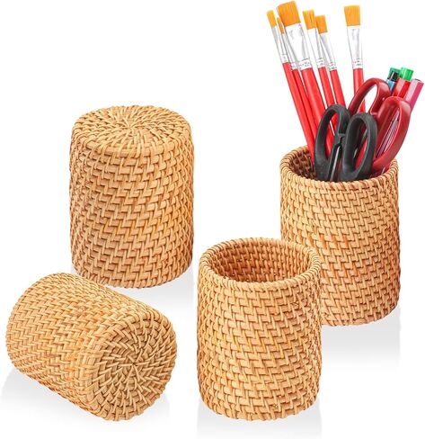 4 Pack Rattan Pen Cup, 3.74 Inch Height Rattan Pencil Holder for Office&Home Desktop Organizer in Kuwait