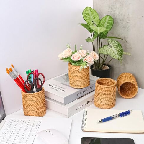 4 Pack Rattan Pen Cup, 3.74 Inch Height Rattan Pencil Holder for Office&Home Desktop Organizer in Kuwait