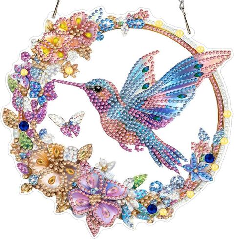 LPDJITO الطائر الطنان مجموعات الفن الماسي المعلق للبالغين قلادة Suncatcher، مجموعة طلاء ألماس كريستال على شكل خاص DIY، هدية للأم الربيع والصيف نافذة إكليل ديكور in Kuwait
