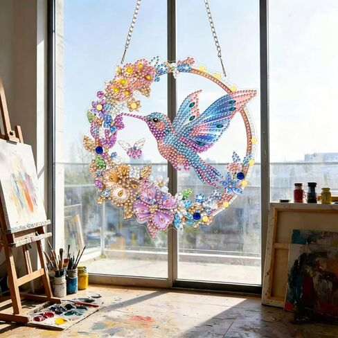 LPDJITO الطائر الطنان مجموعات الفن الماسي المعلق للبالغين قلادة Suncatcher، مجموعة طلاء ألماس كريستال على شكل خاص DIY، هدية للأم الربيع والصيف نافذة إكليل ديكور in Kuwait