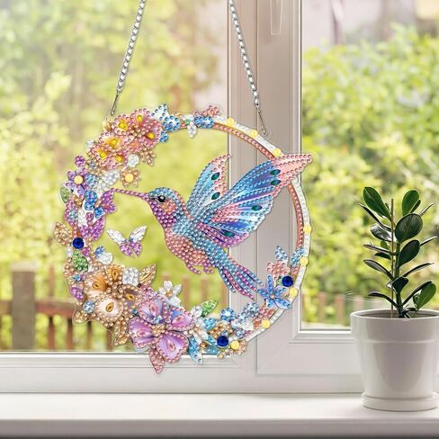 LPDJITO الطائر الطنان مجموعات الفن الماسي المعلق للبالغين قلادة Suncatcher، مجموعة طلاء ألماس كريستال على شكل خاص DIY، هدية للأم الربيع والصيف نافذة إكليل ديكور in Kuwait