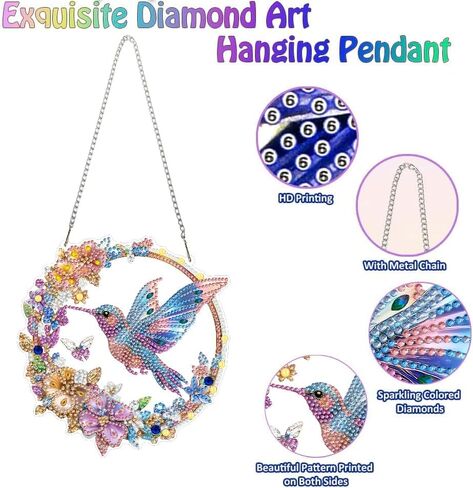 LPDJITO الطائر الطنان مجموعات الفن الماسي المعلق للبالغين قلادة Suncatcher، مجموعة طلاء ألماس كريستال على شكل خاص DIY، هدية للأم الربيع والصيف نافذة إكليل ديكور in Kuwait