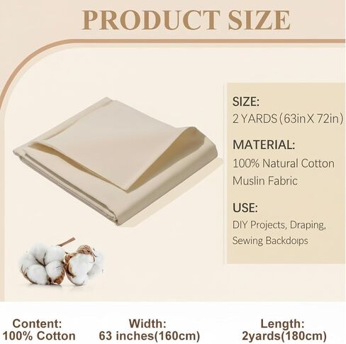 100% Cotton Muslin Fabric 63 Inch x 2 Yards Unbleached Natural - 3 oz/sq yd Light Weight Cloth for Draping, Pattern Making, Garment Sewing, Quilting, Home Decor & DIY Crafts (Natural, 2 Yards) in Saudi Arabia