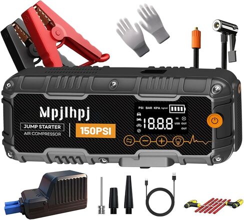 Jump Starter with Air Compressor, 4000A Portable Car Battery Jump Starter (10L Gas/8L Diesel), 12V Jump Pack with 150PSI Auto-Shutoff Tire Inflator, LED Light, Gloves & Car Emergency Kit in Saudi Arabia