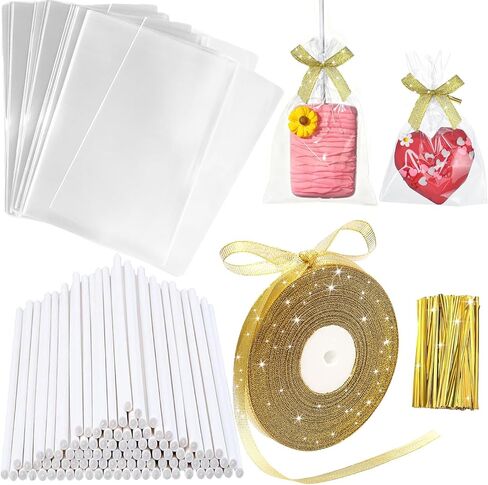 301 PCS Cake Pop Sticks and Wrappers Kit, 100 Sets Clear Rice Crispy Treat Bags 4x6in with Paper Lollipop Sticks Twist Ties and 25YD Gold Ribbon for Rice Krispy Cakesicles Hard Candy Sucker Chocolate in Saudi Arabia
