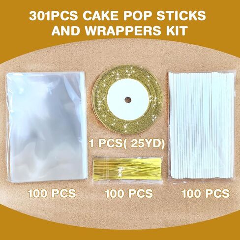 301 PCS Cake Pop Sticks and Wrappers Kit, 100 Sets Clear Rice Crispy Treat Bags 4x6in with Paper Lollipop Sticks Twist Ties and 25YD Gold Ribbon for Rice Krispy Cakesicles Hard Candy Sucker Chocolate in Saudi Arabia
