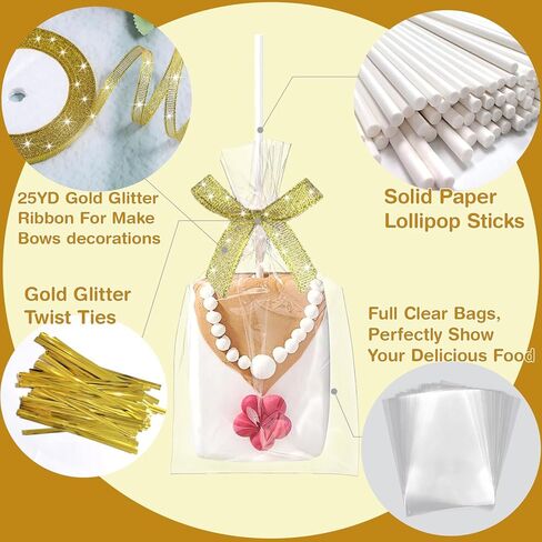 301 PCS Cake Pop Sticks and Wrappers Kit, 100 Sets Clear Rice Crispy Treat Bags 4x6in with Paper Lollipop Sticks Twist Ties and 25YD Gold Ribbon for Rice Krispy Cakesicles Hard Candy Sucker Chocolate in Saudi Arabia