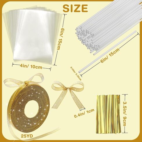 301 PCS Cake Pop Sticks and Wrappers Kit, 100 Sets Clear Rice Crispy Treat Bags 4x6in with Paper Lollipop Sticks Twist Ties and 25YD Gold Ribbon for Rice Krispy Cakesicles Hard Candy Sucker Chocolate in Saudi Arabia