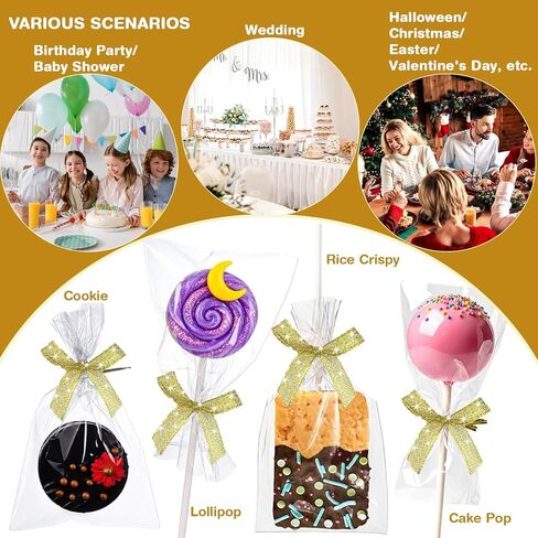 301 PCS Cake Pop Sticks and Wrappers Kit, 100 Sets Clear Rice Crispy Treat Bags 4x6in with Paper Lollipop Sticks Twist Ties and 25YD Gold Ribbon for Rice Krispy Cakesicles Hard Candy Sucker Chocolate in Saudi Arabia
