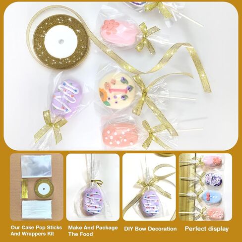 301 PCS Cake Pop Sticks and Wrappers Kit, 100 Sets Clear Rice Crispy Treat Bags 4x6in with Paper Lollipop Sticks Twist Ties and 25YD Gold Ribbon for Rice Krispy Cakesicles Hard Candy Sucker Chocolate in Saudi Arabia